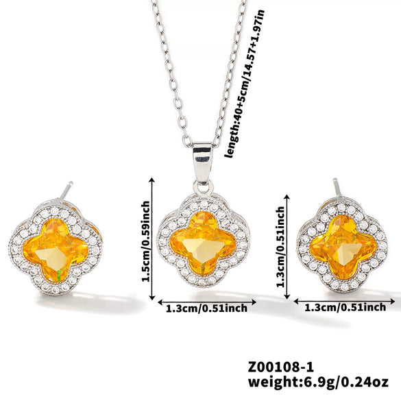 Wholesale Copper Inlaid Zircon Natural Plants And Flowers Style Fourleaf Clover Earrings And Necklace Twopiece Jewelry Set