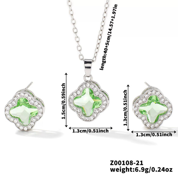 Wholesale Copper Inlaid Zircon Natural Plants And Flowers Style Fourleaf Clover Earrings And Necklace Twopiece Jewelry Set