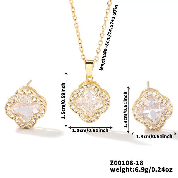 Wholesale Copper Inlaid Zircon Natural Plants And Flowers Style Fourleaf Clover Earrings And Necklace Twopiece Jewelry Set