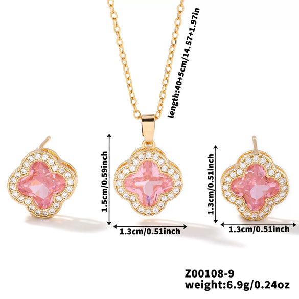 Wholesale Copper Inlaid Zircon Natural Plants And Flowers Style Fourleaf Clover Earrings And Necklace Twopiece Jewelry Set