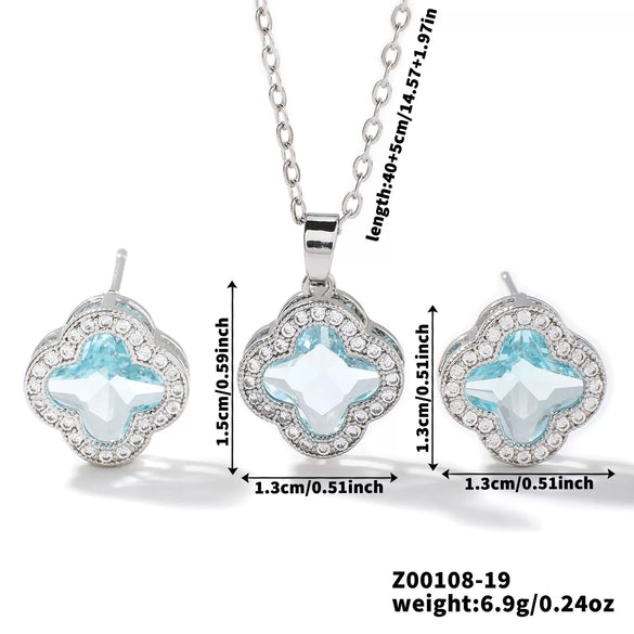 Wholesale Copper Inlaid Zircon Natural Plants And Flowers Style Fourleaf Clover Earrings And Necklace Twopiece Jewelry Set