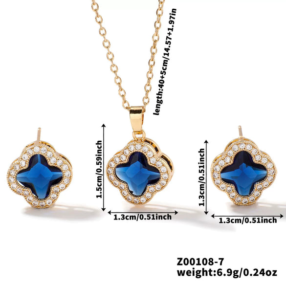 Wholesale Copper Inlaid Zircon Natural Plants And Flowers Style Fourleaf Clover Earrings And Necklace Twopiece Jewelry Set