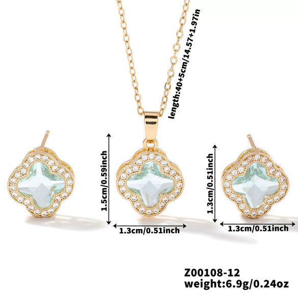 Wholesale Copper Inlaid Zircon Natural Plants And Flowers Style Fourleaf Clover Earrings And Necklace Twopiece Jewelry Set