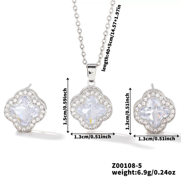 Wholesale Copper Inlaid Zircon Natural Plants And Flowers Style Fourleaf Clover Earrings And Necklace Twopiece Jewelry Set