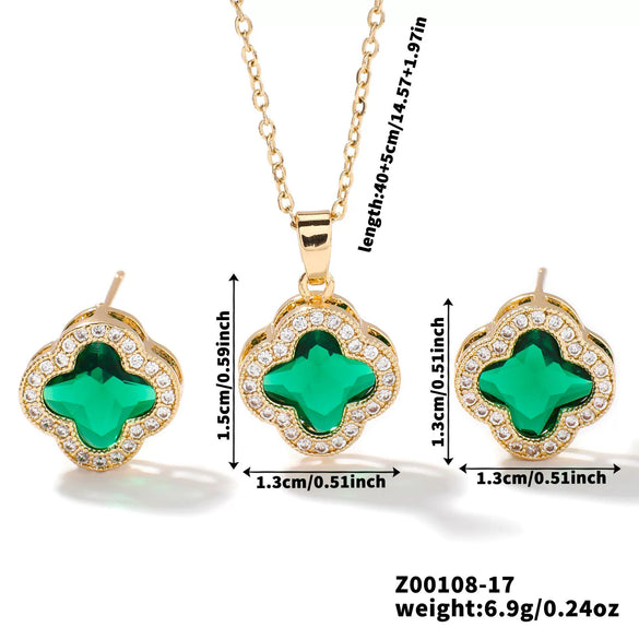 Wholesale Copper Inlaid Zircon Natural Plants And Flowers Style Fourleaf Clover Earrings And Necklace Twopiece Jewelry Set