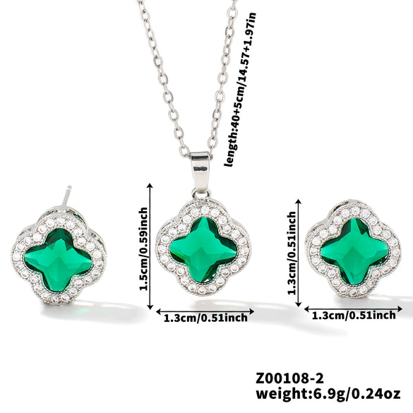 Wholesale Copper Inlaid Zircon Natural Plants And Flowers Style Fourleaf Clover Earrings And Necklace Twopiece Jewelry Set