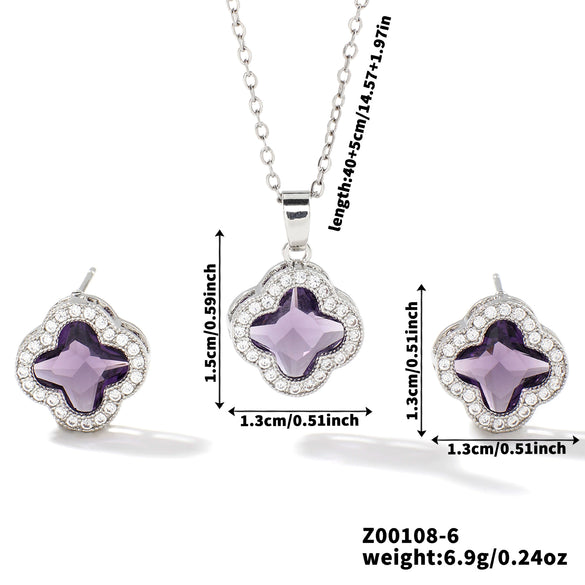 Wholesale Copper Inlaid Zircon Natural Plants And Flowers Style Fourleaf Clover Earrings And Necklace Twopiece Jewelry Set