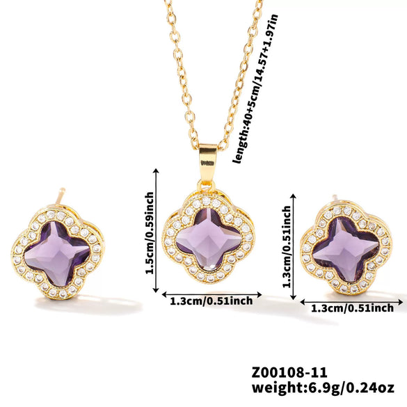 Wholesale Copper Inlaid Zircon Natural Plants And Flowers Style Fourleaf Clover Earrings And Necklace Twopiece Jewelry Set