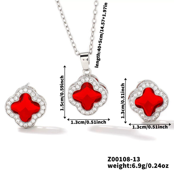 Wholesale Copper Inlaid Zircon Natural Plants And Flowers Style Fourleaf Clover Earrings And Necklace Twopiece Jewelry Set