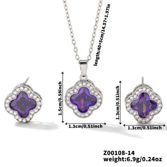 Wholesale Copper Inlaid Zircon Natural Plants And Flowers Style Fourleaf Clover Earrings And Necklace Twopiece Jewelry Set