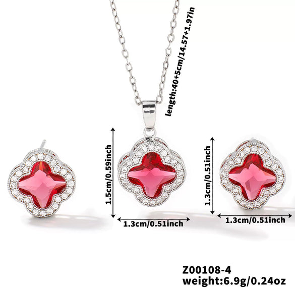 Wholesale Copper Inlaid Zircon Natural Plants And Flowers Style Fourleaf Clover Earrings And Necklace Twopiece Jewelry Set