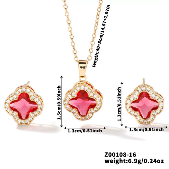 Wholesale Copper Inlaid Zircon Natural Plants And Flowers Style Fourleaf Clover Earrings And Necklace Twopiece Jewelry Set