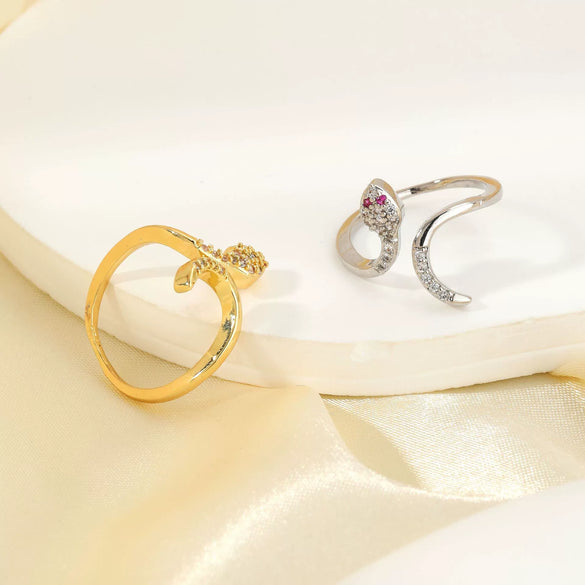 Wholesale Copper Inlaid Zircon Snake Zodiac Open Ring Electroplated Women's Fashion Jewelry