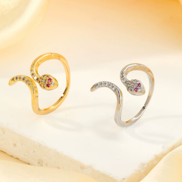 Wholesale Copper Inlaid Zircon Snake Zodiac Open Ring Electroplated Women's Fashion Jewelry