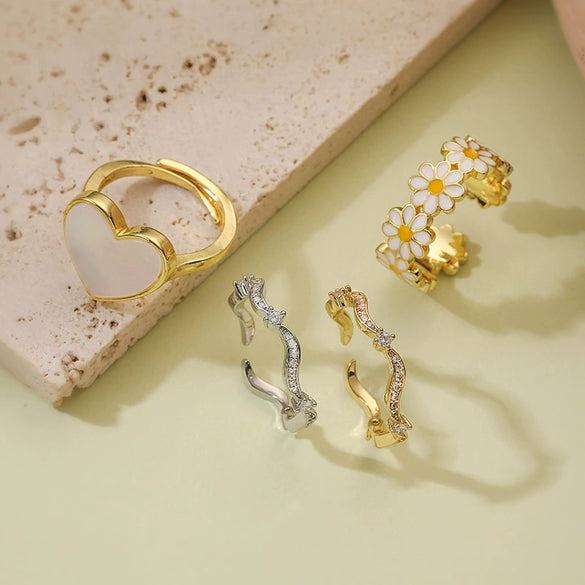 Wholesale Copper Inlaid Zircon Wave Heart Flower Sweet Style Dripping Oil Women's Ring
