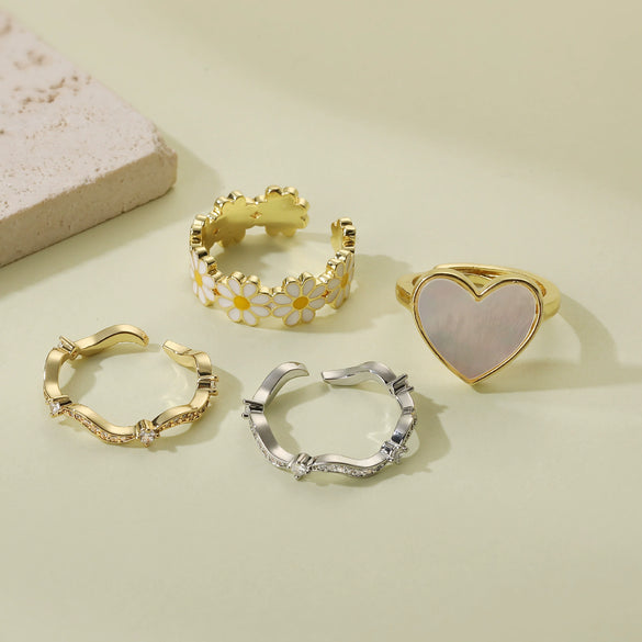 Wholesale Copper Inlaid Zircon Wave Heart Flower Sweet Style Dripping Oil Women's Ring