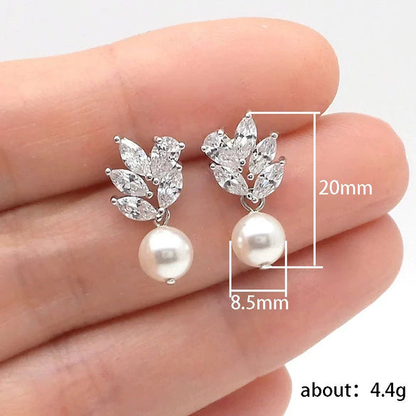 Wholesale Copper Inlaid Zircon Women's Earrings Simple Geometric Style With Leaf Shape And Imitation Pearl
