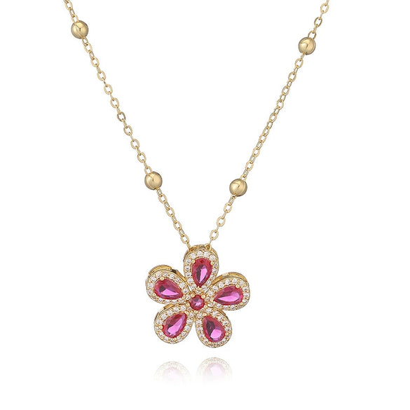 Wholesale Copper Inlaid Zirconia Fivepetal Flower Pendant Necklace Light Luxury Women's O Word Chain