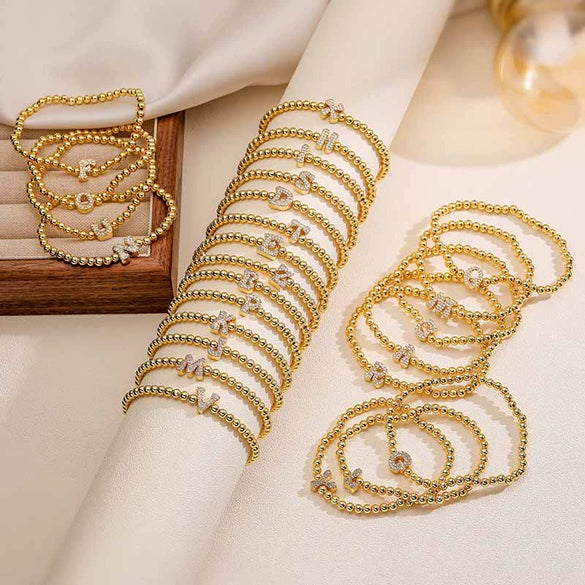 Wholesale Copper Inlaid Zirconium Letter Round Beaded Elastic Bracelet Minimalist Style Hand Jewelry For Women