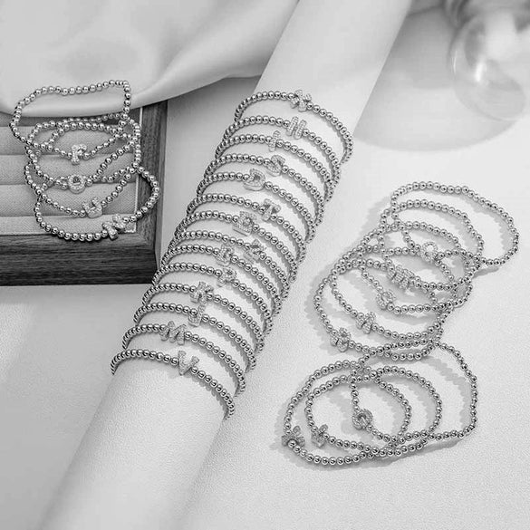 Wholesale Copper Inlaid Zirconium Letter Round Beaded Elastic Bracelet Minimalist Style Hand Jewelry For Women