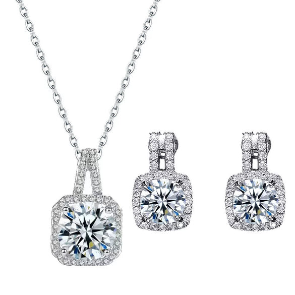 Wholesale Copper Jewelry Geometric Style Microinlaid Square Zircon Necklace And Earring Set For Women