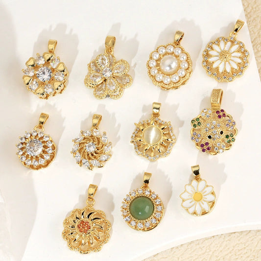 Wholesale Copper Jewelry Pendant With Rotatable Flower Shape Set With Zirconia For Bracelet Earrings Necklace Accessories