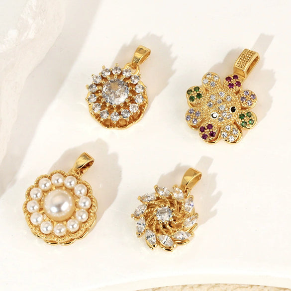 Wholesale Copper Jewelry Pendant With Rotatable Flower Shape Set With Zirconia For Bracelet Earrings Necklace Accessories