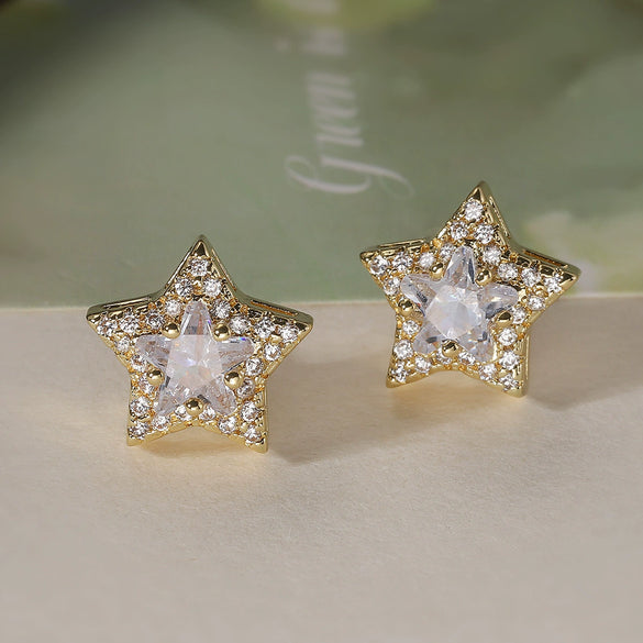 Wholesale Copper 18K Gold Plated Fivepointed Star Zircon Women's Micropaved Earrings