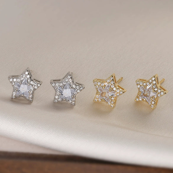Wholesale Copper 18K Gold Plated Fivepointed Star Zircon Women's Micropaved Earrings