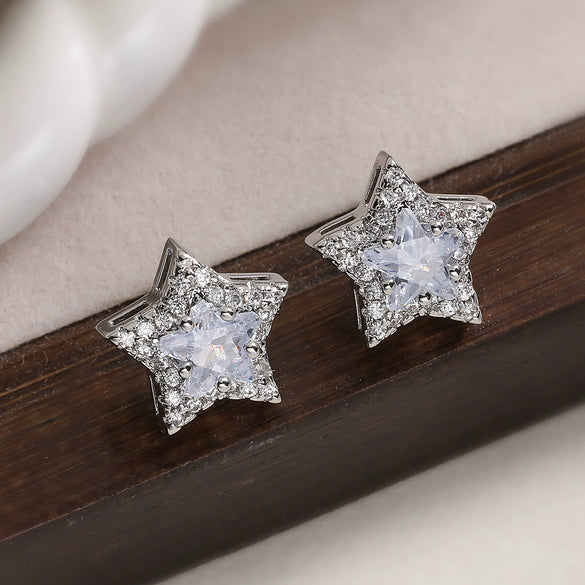 Wholesale Copper 18K Gold Plated Fivepointed Star Zircon Women's Micropaved Earrings