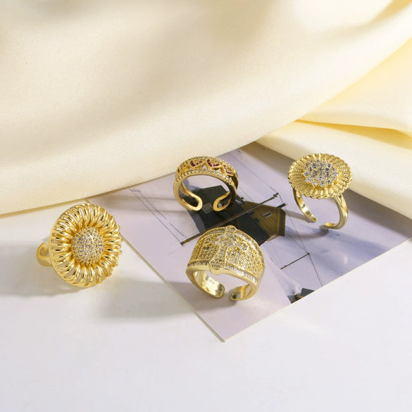 Wholesale Copper 18K Gold Plated Flower Cross Ring With Zircon Simple Style Unisex