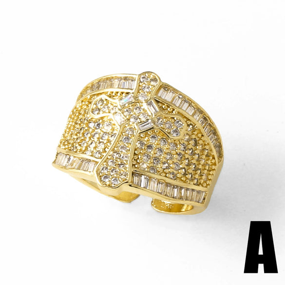 Wholesale Copper 18K Gold Plated Flower Cross Ring With Zircon Simple Style Unisex