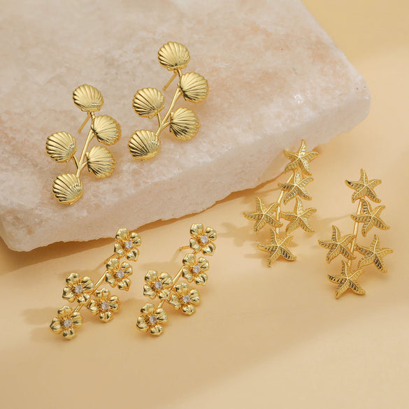 Wholesale Copper 18K Gold Plated Starfish Shell Women's Earrings With Flower Geometric Animal Zodiac Zirconia Design