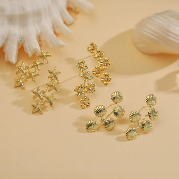 Wholesale Copper 18K Gold Plated Starfish Shell Women's Earrings With Flower Geometric Animal Zodiac Zirconia Design