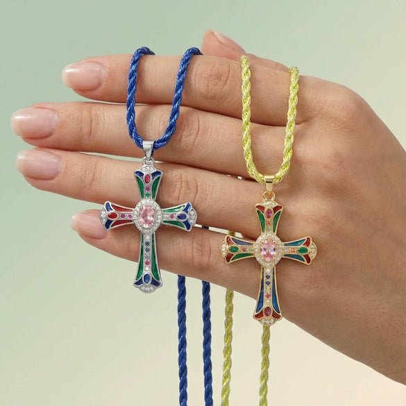 Wholesale Copper 18K Goldplated Cross Pendant Necklace With Braided Rope And Ochain For Women