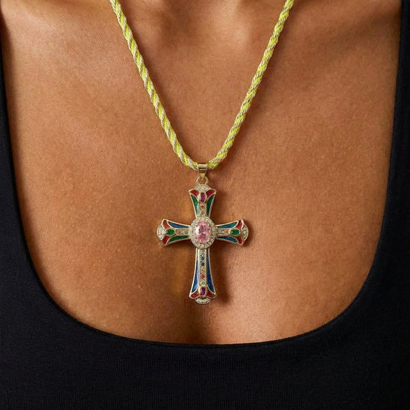 Wholesale Copper 18K Goldplated Cross Pendant Necklace With Braided Rope And Ochain For Women