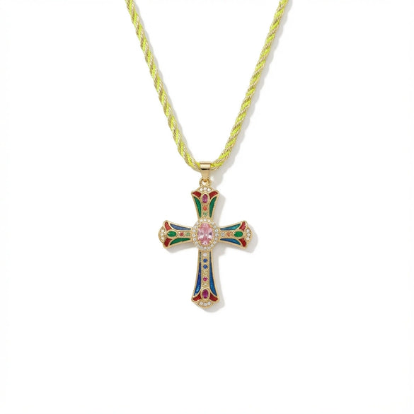 Wholesale Copper 18K Goldplated Cross Pendant Necklace With Braided Rope And Ochain For Women