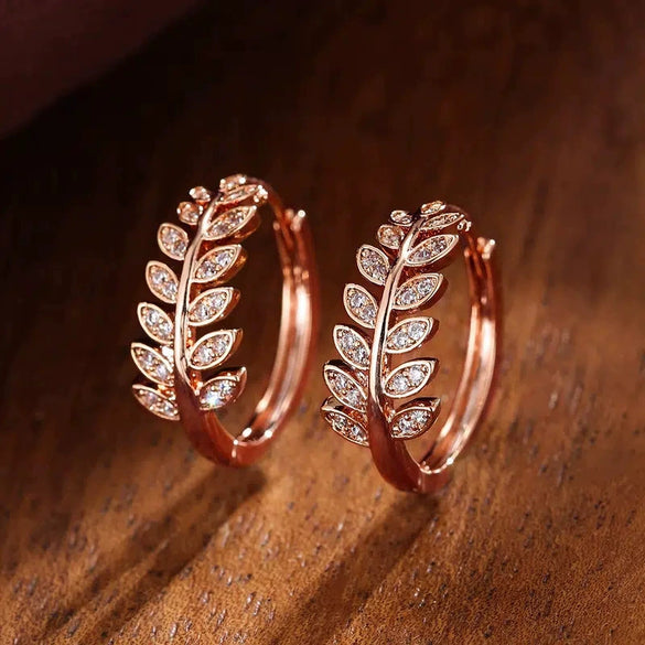 Wholesale Copper Leaves Olive Branch Micro Inlaid Zircon Women's Pastoral Style Earrings