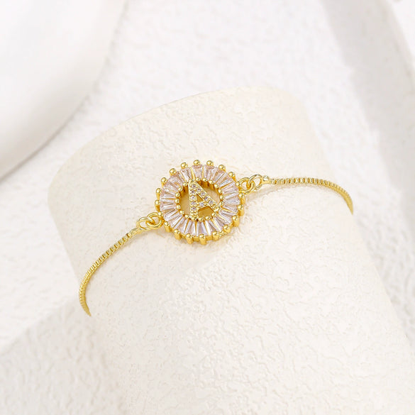 Wholesale Copper Letter Bracelet With Inlaid Zircon And Electroplated Real Gold Flower Accessories