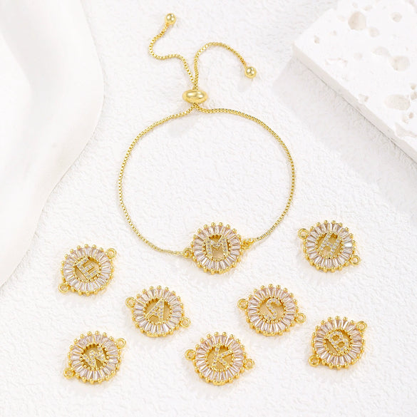 Wholesale Copper Letter Bracelet With Inlaid Zircon And Electroplated Real Gold Flower Accessories