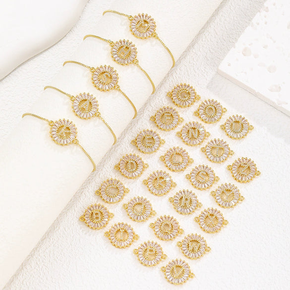 Wholesale Copper Letter Bracelet With Inlaid Zircon And Electroplated Real Gold Flower Accessories