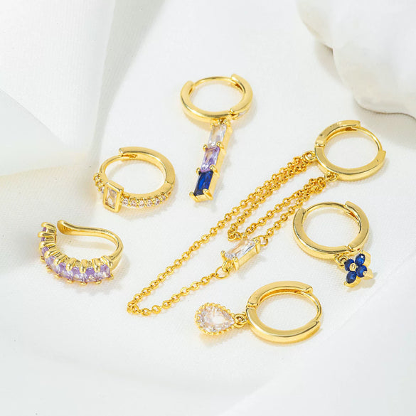 Wholesale Copper Light Luxury Tassel Sapphire Earrings With Geometric And Flower Pattern And Inlaid Zircon