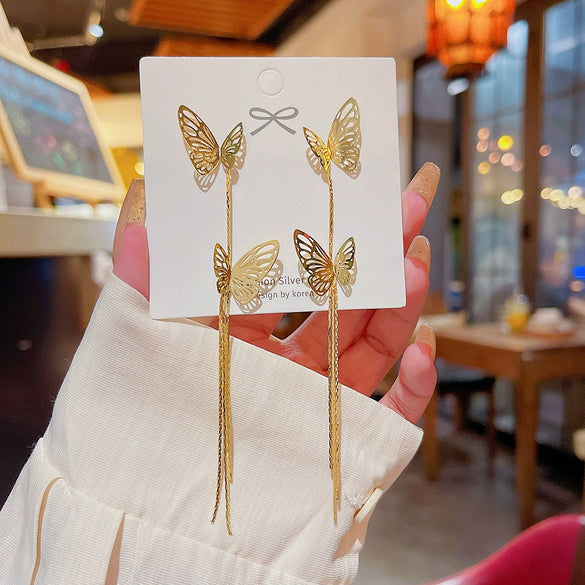 Wholesale Copper Long Earrings With Inlaid Zircon Butterfly Tassel Animal Style