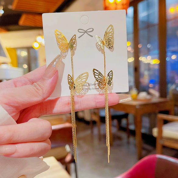 Wholesale Copper Long Earrings With Inlaid Zircon Butterfly Tassel Animal Style