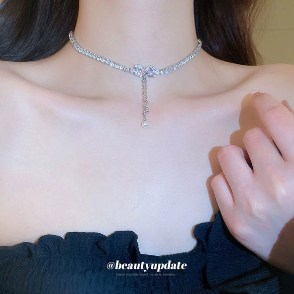 Wholesale Copper Love Bow Heart Zircon Pearl Tassel Clavicle Chain Necklace With Diamond Design And Mixed Gem Inlay