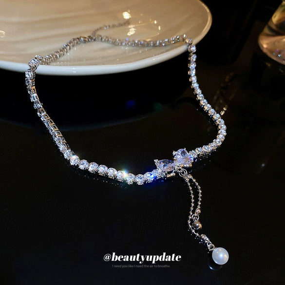 Wholesale Copper Love Bow Heart Zircon Pearl Tassel Clavicle Chain Necklace With Diamond Design And Mixed Gem Inlay