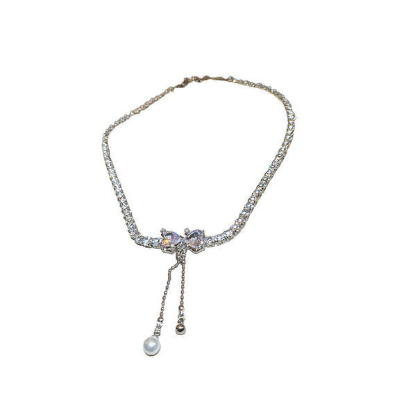 Wholesale Copper Love Bow Heart Zircon Pearl Tassel Clavicle Chain Necklace With Diamond Design And Mixed Gem Inlay