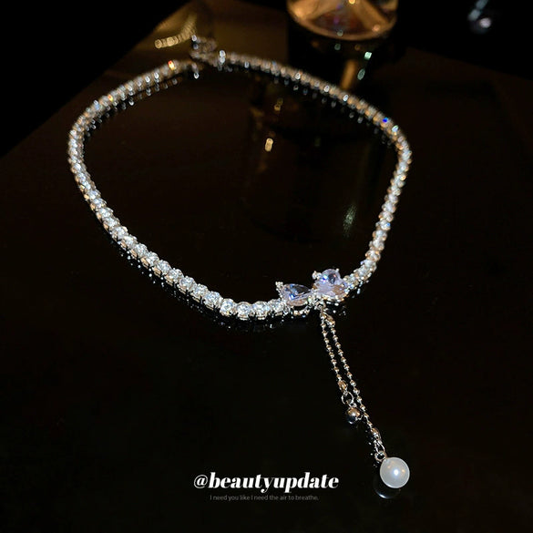 Wholesale Copper Love Bow Heart Zircon Pearl Tassel Clavicle Chain Necklace With Diamond Design And Mixed Gem Inlay