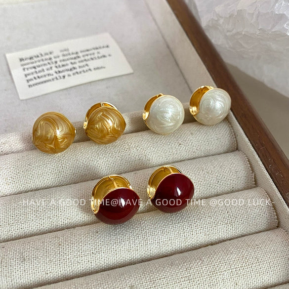 Wholesale Copper Metal Ball Earrings With Pearlescent Drop Glaze Wine Red Color Geometric Pattern Electroplating For Women
