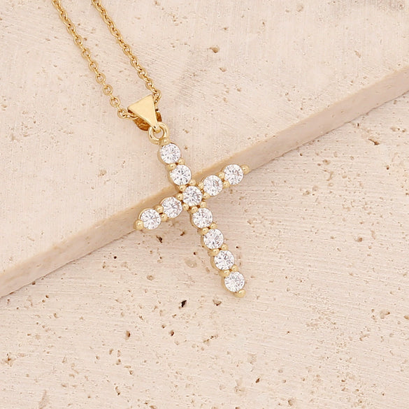 Wholesale Copper Microinlaid Zircon Cross Hip Hop 18K Gold Pendant Necklace
